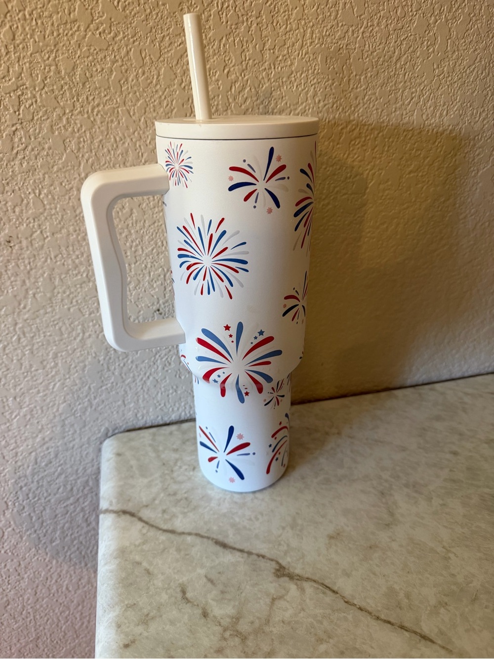 Patriotic White Travel Tumbler with Red & Blue Firework Print